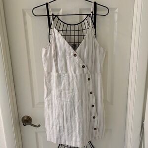 Coastal Linen Blend Striped Button Sundress Cottagecore Summer Dress Women L EUC